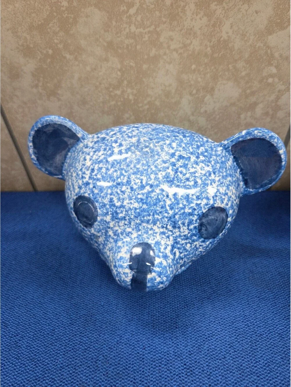 Vintage 1970s N.S. Gustin Blue Spongeware Teddy Bear Cookie Jar Hand Decorated